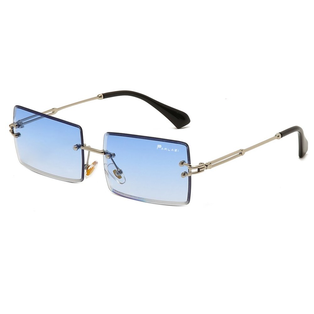 Parlazi Women Sunglasses Frameless Blue & Silver W/ Hard Case Rectangle Gradient